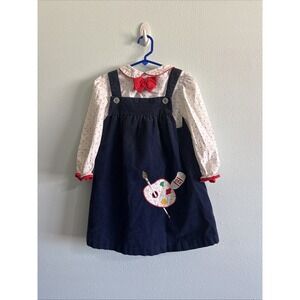 Vintage‎ 80s Evelyn Navy Corduroy Jumper Girls 6 Embroidered Art School USA